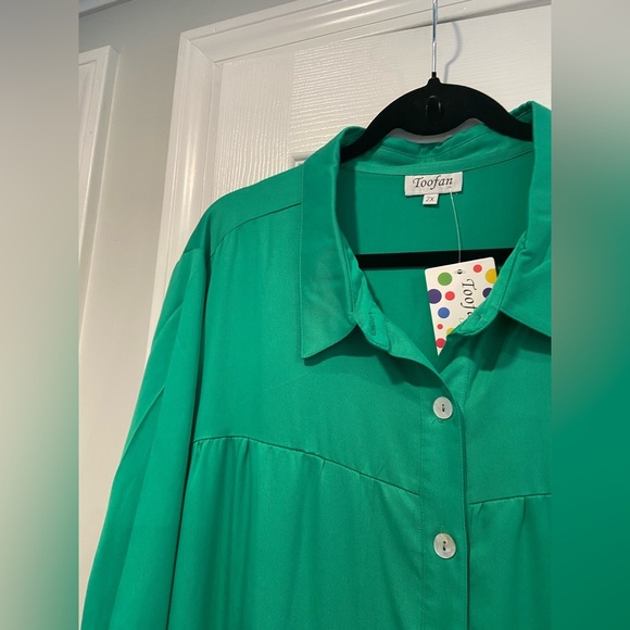 NWT Toofan Size 2X Jade Green Long Sleeve Pearl Button Front Tiered Shift Dress - Picture 9 of 12